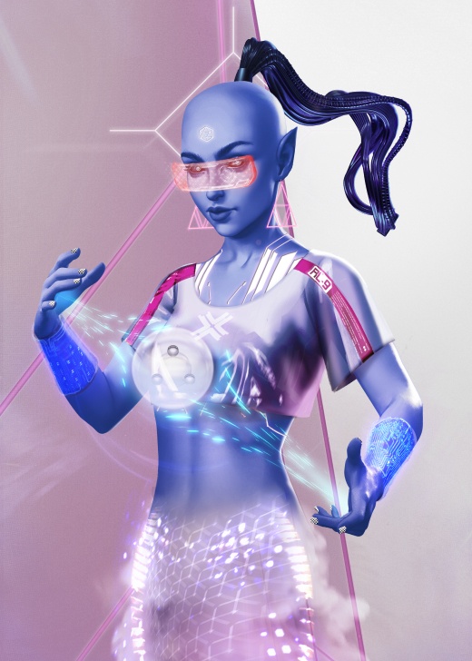 Bluish cyber genie with cyber glasses