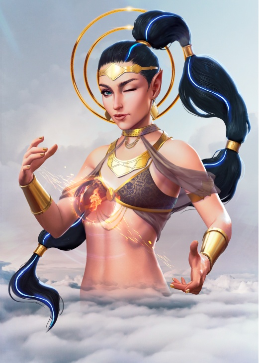 Human-like cyber genie with long black hair emerging from the clouds
